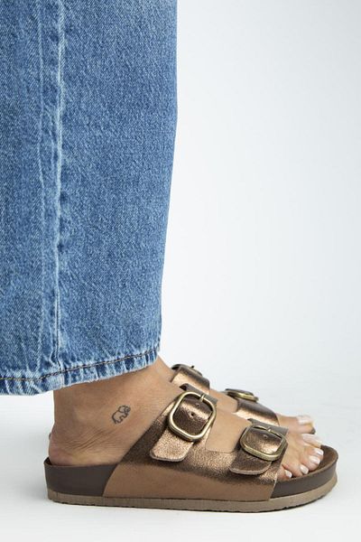 Manijero Jazmin Women's Genuine Leather Double Buckle Copper Slippers