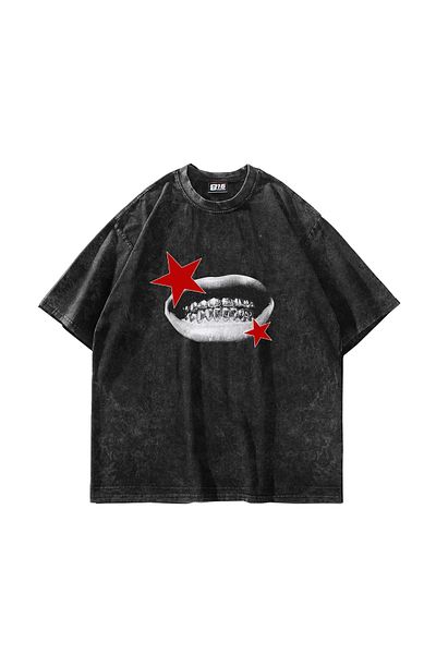 Sekizbiraltı Teeth Star Printed Oversize Unisex Washable Black Tshirt