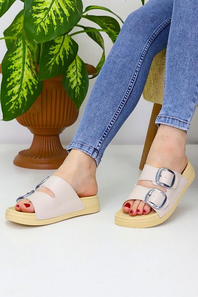Weynes Κρεμ γυναικείες 2 ζώνες Flat Daily Slippers WSB2032