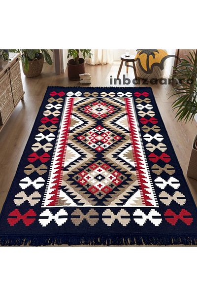 OEM Covor rustic tradițional, 2 fețe, diferite dimensiuni, albastru marin
