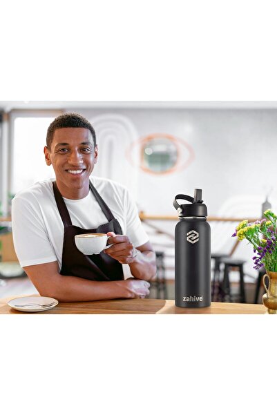 Zahive 32oz (1000ml) Insulated Stainless Steel Water Bottle with 3 Lids & Bag (Black)