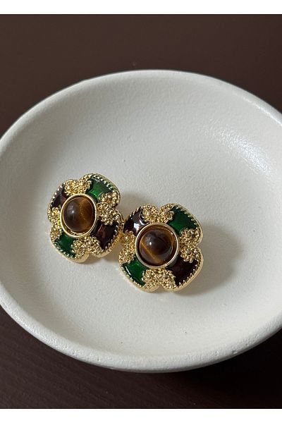 KİLİGİSTANBUL Coffee Eye Gold Earrings 3 cm Length