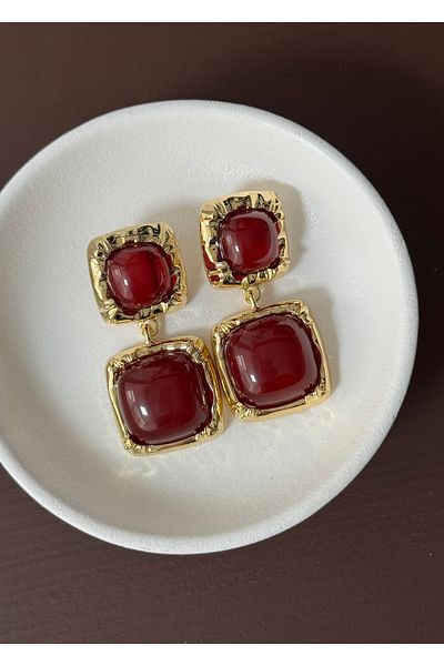 KİLİGİSTANBUL Claret Red Checked Gold Earrings 5.50 cm Length