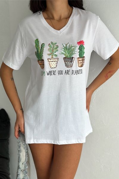 FEMELLE Women's White 100% Cotton Plus Size T-Shirt V-Neck Cactus Sequin Embroidered