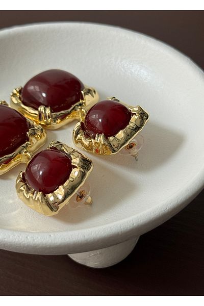 KİLİGİSTANBUL Claret Red Checked Gold Earrings 5.50 cm Length