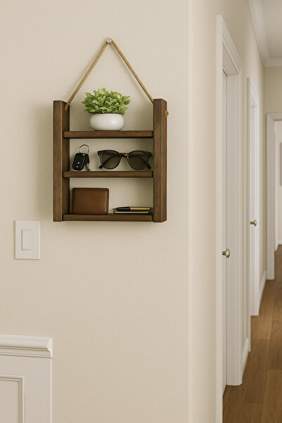 KütükOn Çok Amaçlı İpli Ahşap Duvar Rafı | Mutfak, Banyo ve Hol İçin Çok Yönlü Organize Edici