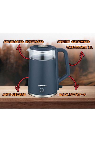 Hausberg Cana fierbator HB-3619BL, 1800W, 2L, Anti-uscare, Oprire automata, Material Inox, sticla + plastic