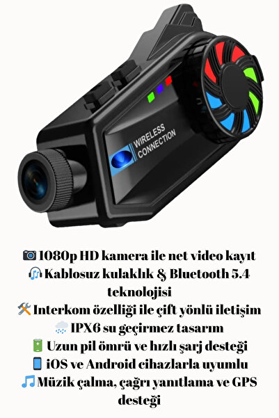 BGGTech 1080p Kameralı Interkom Motorcu Kulaklığı Bluetooth 5.4 Su Geçirmez Video Kayıt Özellikli