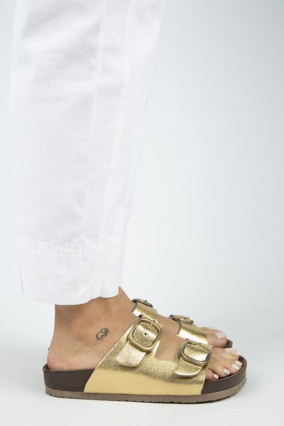 Manijero Jazmin Women's Genuine Leather Double Buckle Gold Slippers