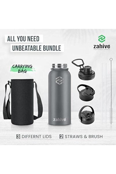Generic Zahive Stainless Steel Water Bottle 1l with 3 Lids & Bag - Insulated Water Bottle with Straw