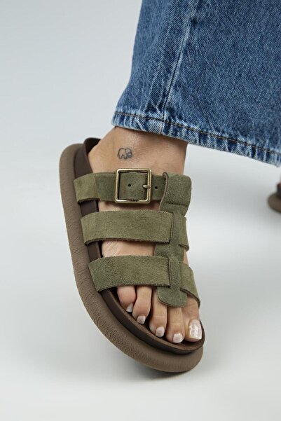 Manijero (Hicks) Női valódi bőr csatos szalagos khaki papucs