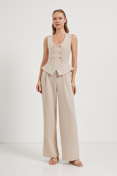 Arma Life Women's Summer Strap Buttoned Cream Pants Jumpsuit