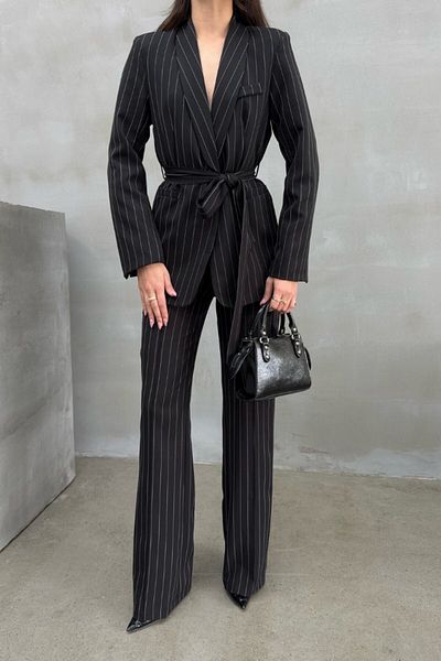 spirituel Women's Striped Belted Blazer Jacket Pants Suit