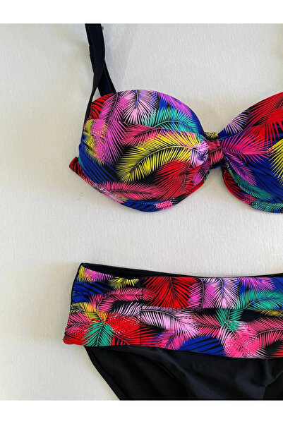 hazelin Women's Black Yellow Red Multi Color Patterned Lined Plus Size Bikini Set Hzl25S-Lc06