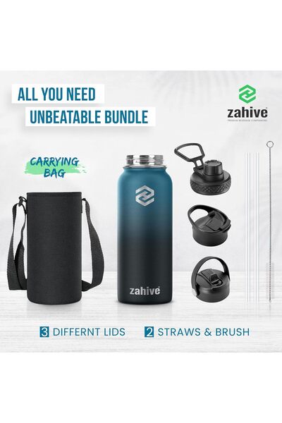 Zahive 1L Stainless Steel Insulated Water Bottle with 3 Lids, Straw & Bag (Blue Black)