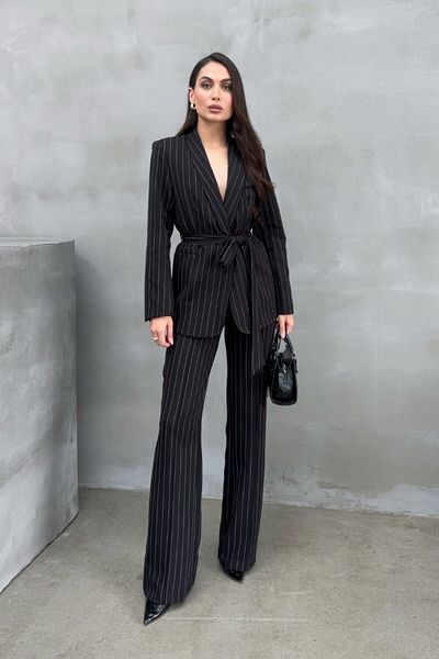 spirituel Women's Striped Belted Blazer Jacket Pants Suit