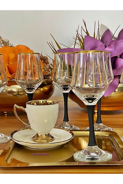 P&ORA PREMIUM KITCHEN PRODUCTS 6-Person Gilded Black Foot Coffee Side Water Soft Drink Glass Dowry Gift Luxury
