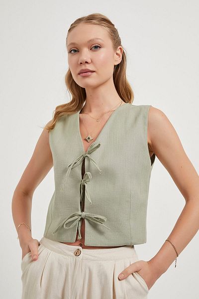 Arma Life Women's Tie Front Linen Look Green Crop Vest