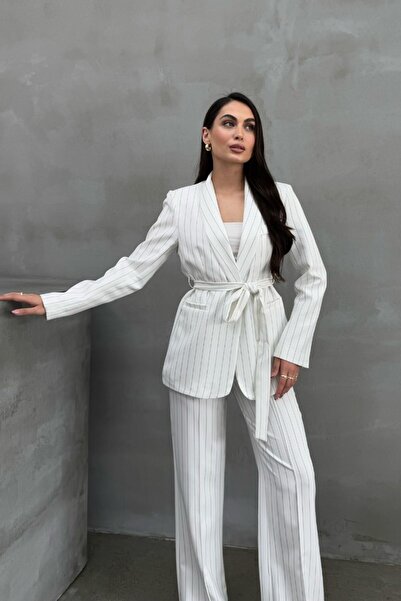 spirituel Women's Striped Belted Blazer Jacket Pants Suit