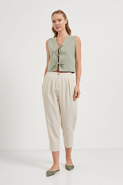 Arma Life Women's Tie Front Linen Look Green Crop Vest