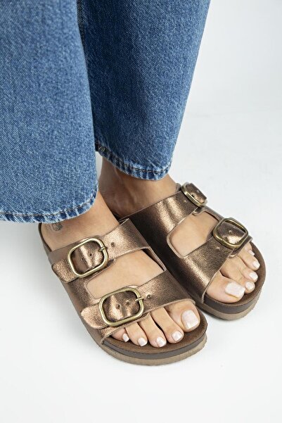Manijero Jazmin Women's Genuine Leather Double Buckle Copper Slippers
