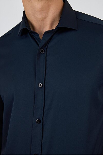 İmza Black Half Italian Collar Pocketless Gabardine Long Sleeve Slim Fit Stretch Shirt 1004250235