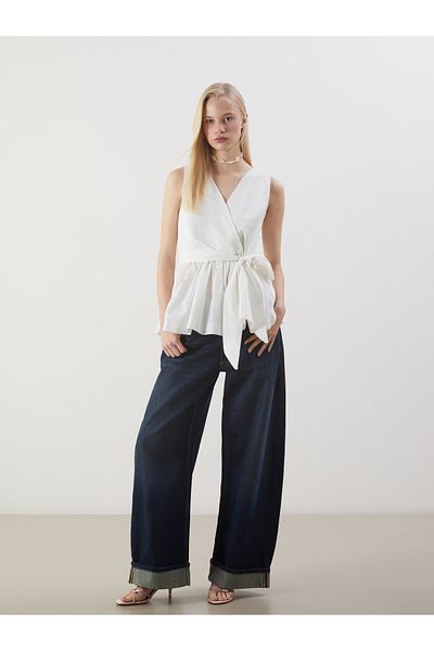 LC Waikiki Double Breasted Collar Waist Tie Gathered Poplin Blouse