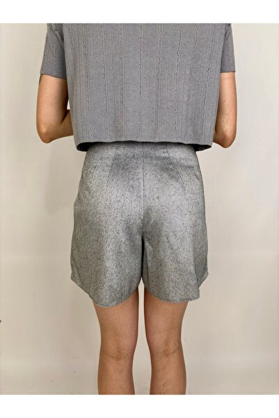 Yasminyes Gri çift pens oturtmalı kısa şort