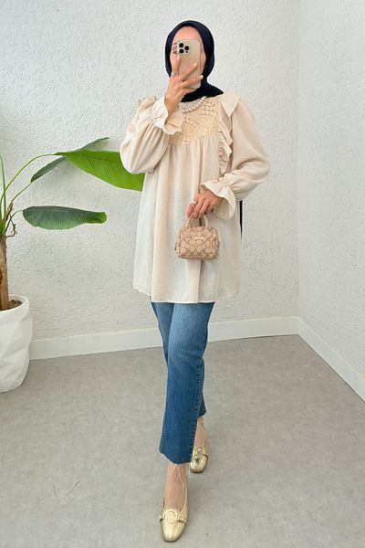 Salih Çelebi Shoulder Ruffle Detailed Tunic 2044 - Stone Color