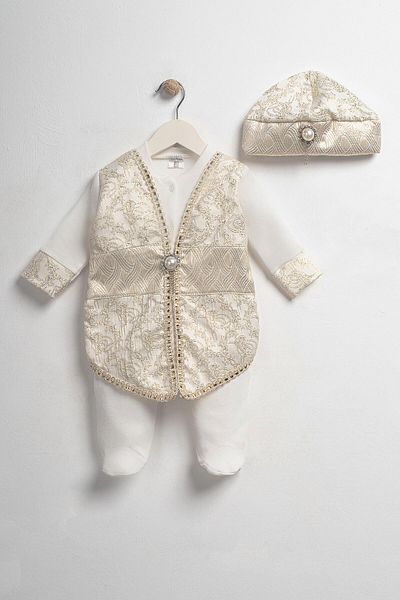 Tombyco Baby Boy Stylish Mevlütlük and Circumcision Rompers and Hat Set – Gold Embroidered (Boxed Product)