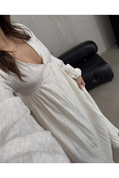 Marbella Kadın Kuşaklı astarlı uzun gofre elbise - Nude