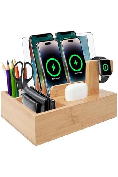 Generic iCozzier Bamboo Docking Station Desktop Phone Tablet Holder, Bedside Table Watch Organizer Nightstan