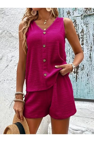 Modayakamoz New Season Women's Strap Sleeveless V-Neck Front Buttoned Wrap Blouse and Shorts Two-Piece Set