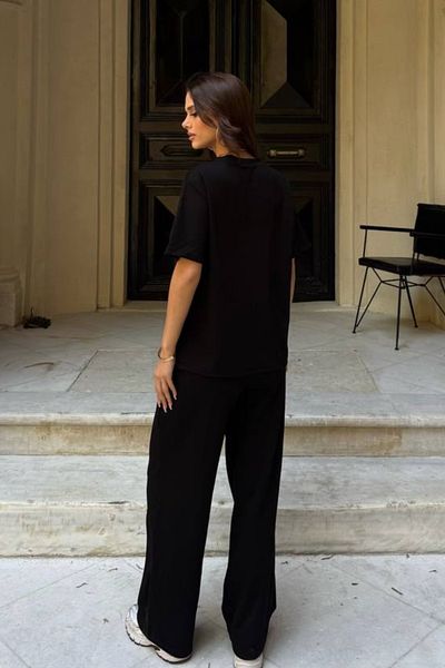 Ded COLLECTION Women's Slim Piping Detailed Short Sleeve Top Wide Leg Pants Modal Comfortable Two-Piece Suit