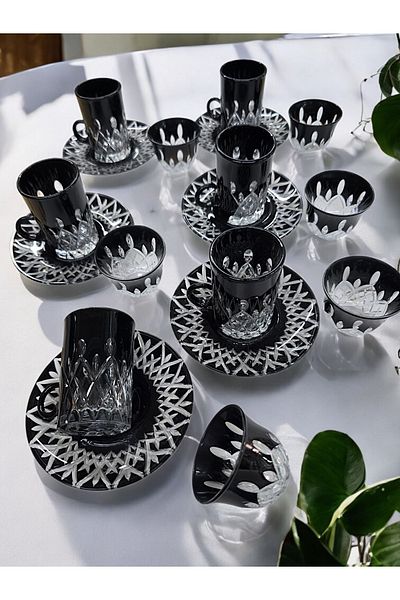 AYZ HOME Cut Crystal Glass Tea and Mirra Set - Arabic Coffee Set Tea Set 18 Pieces for 6 People