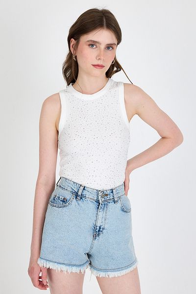 Rays Ecru Stone Embroidery Detailed Halter Neck Knitted Tank Top 0349