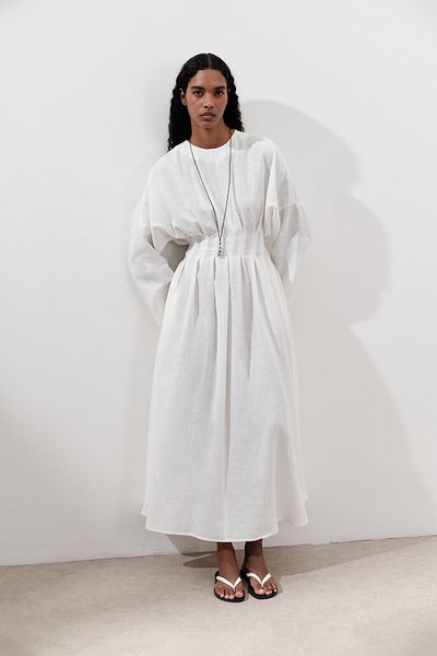Manuka Linen Pile Detail Dress Ecru