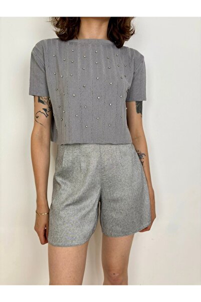 Yasminyes Gri çift pens oturtmalı kısa şort
