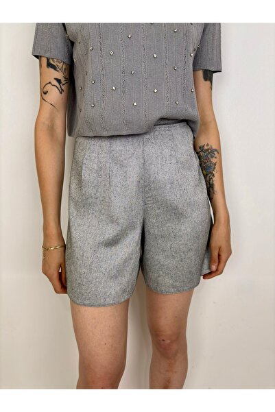 Yasminyes Gri çift pens oturtmalı kısa şort