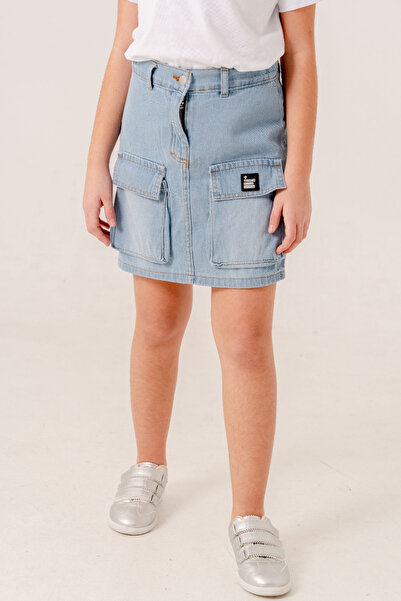 Turuncu Gardrop 10-15 Yaş Önü Cep Detay Kız Çocuk Kot Şort Etek Mavi