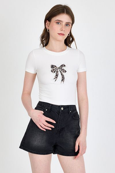 Rays Tricou Crop Slim Fit Ecru Leopard Imprimat cu Detaliu de Piatra 0549-1