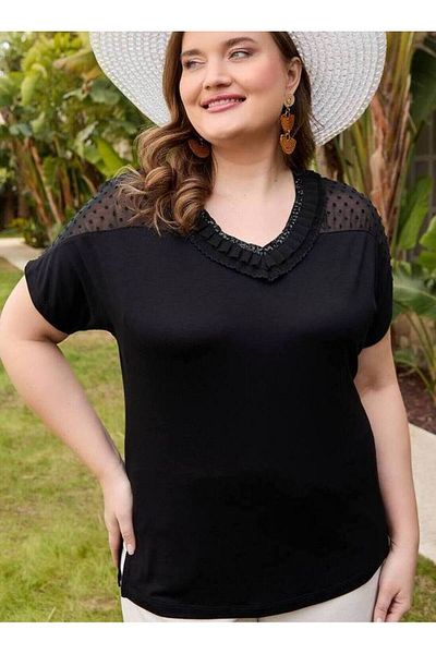 FOR ESRA BIG TREND Women's Plus Size V Neck Ruffle Sequin Detail Shoulder Embossing Tulle Short Sleeve Stretchy Viscose Blouse