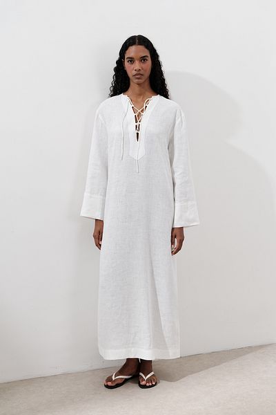 Manuka Linen Binding Detail Dress Ecru