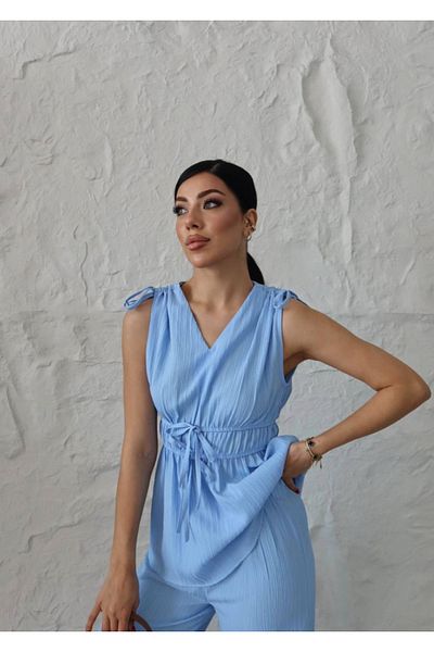Lotus Stylish Linen Blouse-Pants Two-Piece Set with Shoulder and Waist Tie Detail