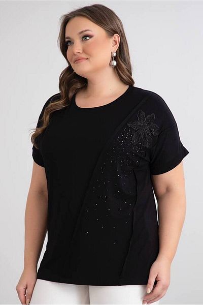 FOR ESRA BIG TREND Women's Plus Size Chest Tulle Flower Applique Stone Print Side Slit Wide Collar Short Sleeve Stretchy Viscose Blouse