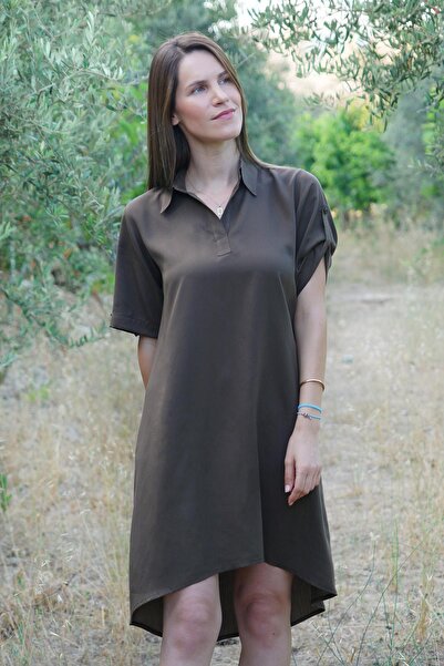 Defne&Apollon İpekçilik Luna Flow – فستان على شكل حرف A مع ياقة قميص – بني