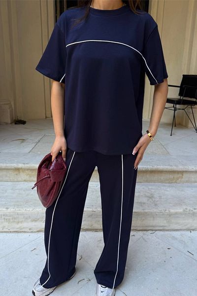 Ded COLLECTION Women's Slim Piping Detailed Short Sleeve Top Wide Leg Pants Modal Comfortable Two-Piece Suit