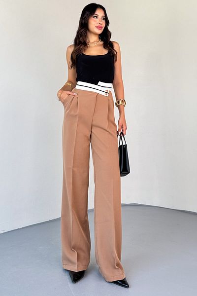 Cappmoda Pnt-07373 Mink Waist Stripe and Button Detailed Trousers