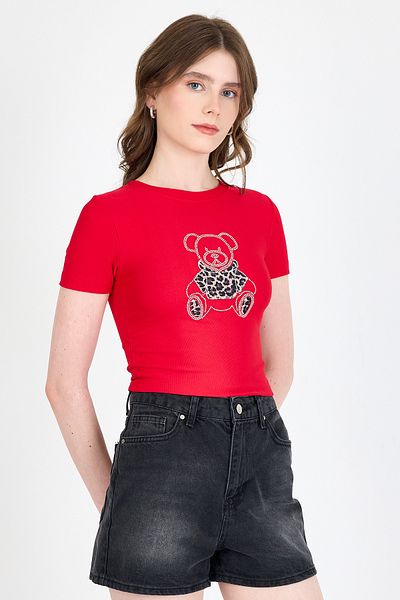 Rays Tricou Crop Slim Fit cu imprimeu ursuleț roșu 0549