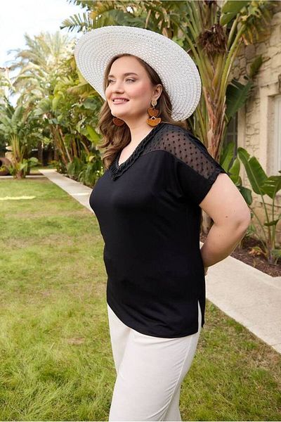 FOR ESRA BIG TREND Women's Plus Size V Neck Ruffle Sequin Detail Shoulder Embossing Tulle Short Sleeve Stretchy Viscose Blouse